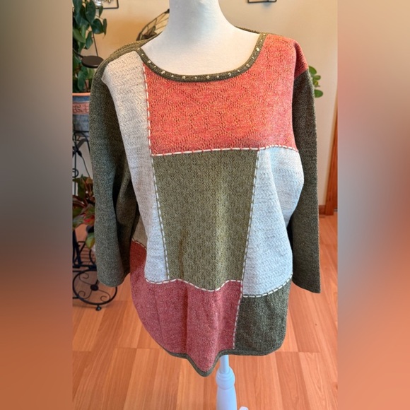 Alfred Dunner Sweaters - NWT Alfred Dunner Women’s XL Patch Sweater Olive Cotton Polyester Studded Neck